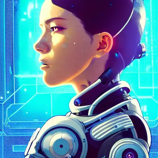 Image similar to side portrait scifi cyborg girl with robotic parts and spacesuit | | head only in center of image, audrey plaza, fine detail!! anime!! realistic shaded lighting!! poster by ilya kuvshinov katsuhiro otomo ghost - in - the - shell, magali villeneuve, artgerm, jeremy lipkin and michael garmash and rob rey