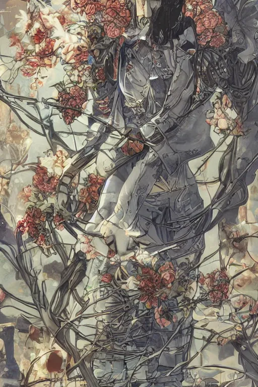 Prompt: cyberpunk fashion model wrapped in flowers and wired, smooth shading, ultra detailed high resolution, vintage style, by yoichi hatakenaka, masamune shirow, josan gonzales and dan mumford, ayami kojima, takato yamamoto, barclay shaw, karol bak, yukito kishiro