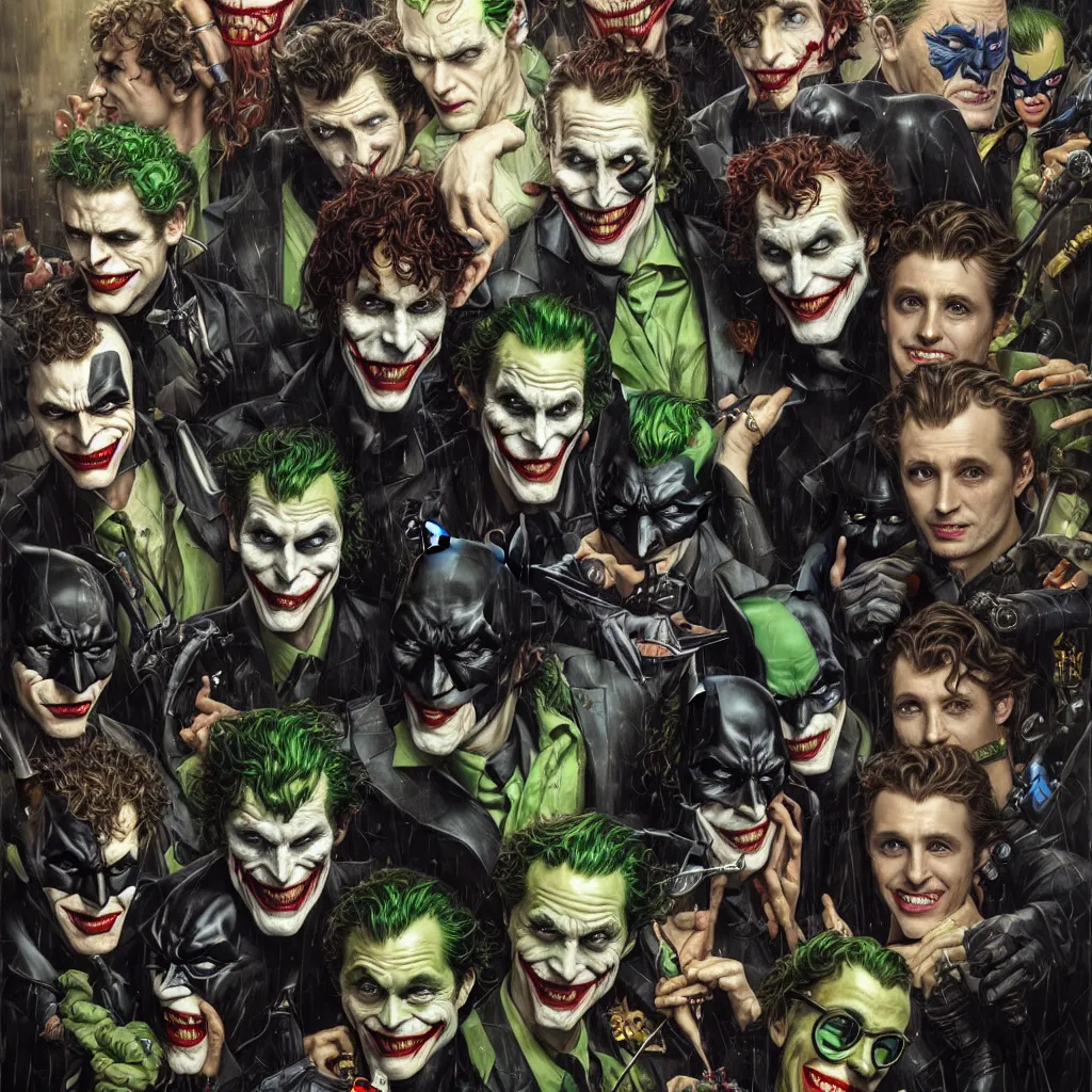 Image similar to a portrait of batman standing with the joker, robin, the riddler, the scarecrow, twoface, and the batmobile by karol bak, james jean, tom bagshaw, rococo, sharp focus, trending on artstation, cinematic lighting, hyper realism, octane render, 8 k, hyper detailed, vivid, ultra detailed, highly detailed