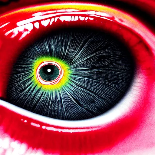 Image similar to a detailed extremely close up of inside the iris, cornea, red image, microscopic, extremely close up drawing by junji ito, cgsociety, generative art, lovecraftian, parallax, cosmic horror, extremely detailed, hyperrealism, unreal engine, octane render, award winning, masterpiece, highly detailed, realistic, 4 k, digital