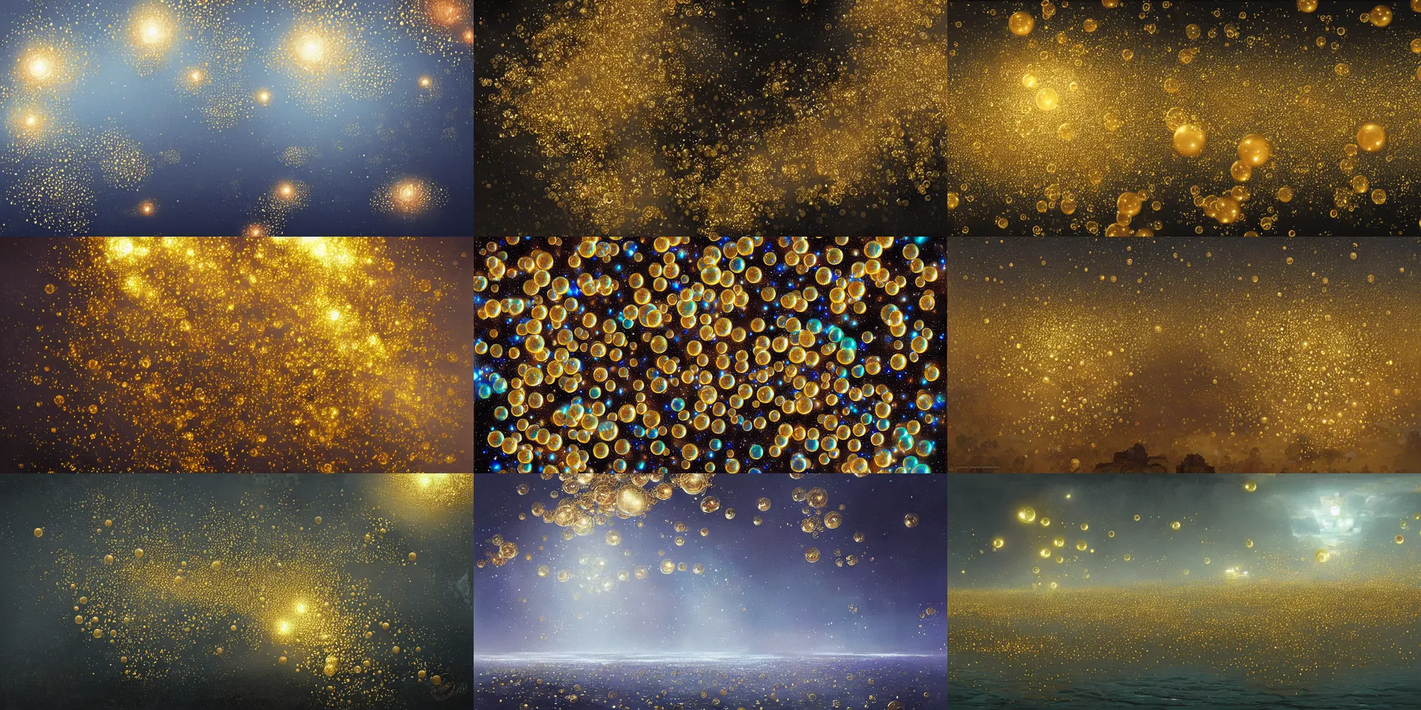 Prompt: swarm of iridescent golden bubbles, by greg rutkowski