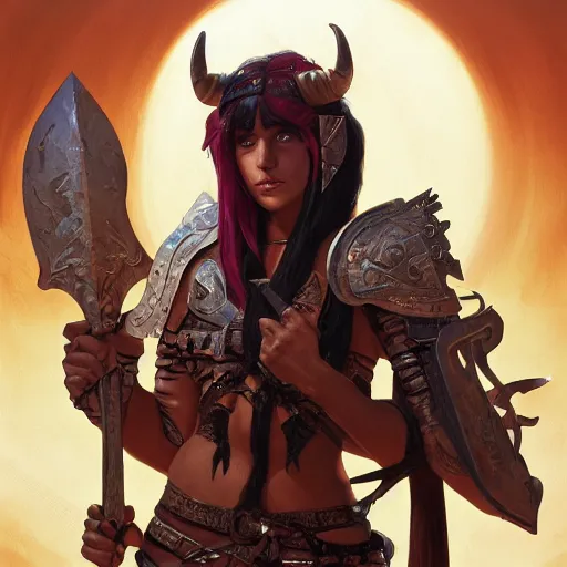 Prompt: portrait of a strong fierce female berber tiefling barbarian with devil horns and black hair holding a large sword and wearing a steel chestplate in a desert, fantasy, highly detailed, digital painting, artstation, concept art, character art, art by greg rutkowski, tyler jacobson, alphonse mucha, ross tran and makoto shinkai