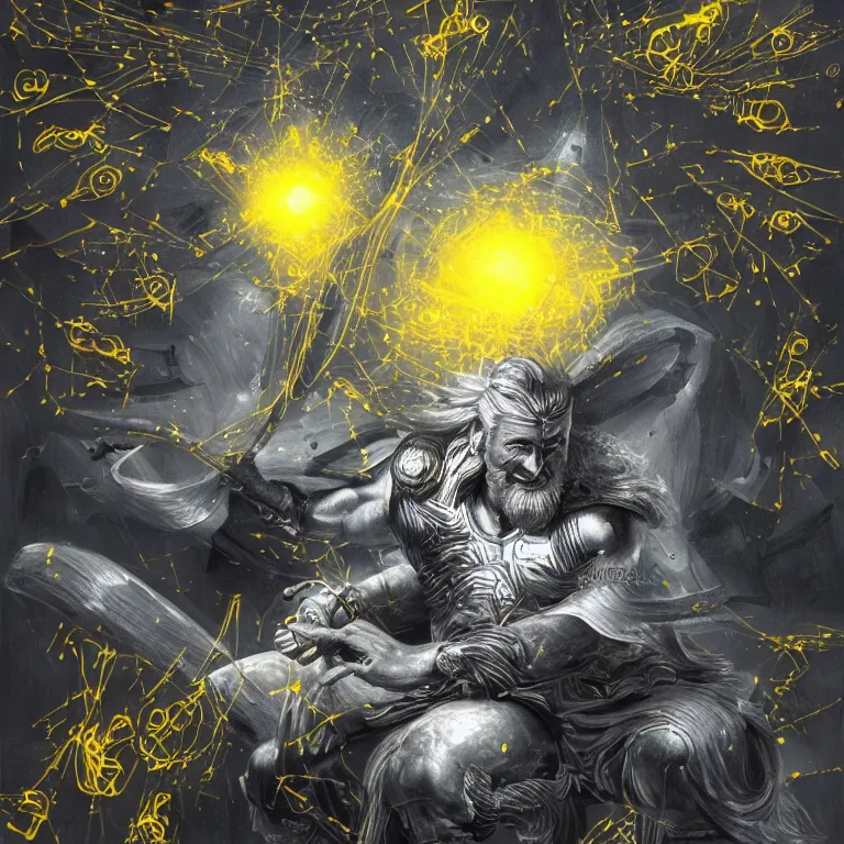 Image similar to mythological Odin all father god of thunder and artificial intelligence creating an artificial neural network with yellow synapses on an anvil, high resolution, award winning art, trending on art station, sharp image, incredibly detailed, odin all father detailed character realistic painting
