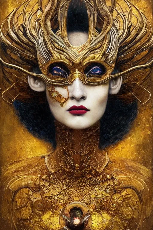 Image similar to Intermittent Chance of Chaos Muse by Karol Bak, Jean Deville, Gustav Klimt, and Vincent Van Gogh, trickster, enigma, Loki's Pet Project, destiny, Poe's Angel, whimsical, Surreality, creativity, inspiration, muse, otherworldly, fractal structures, arcane, ornate gilded medieval icon, third eye, spirals