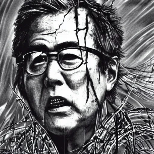 Image similar to Yoshitaka Amano realistic illustration of jeb bush ,hair fluttering in the wind, cracks on his face wearing Elden ring armour with engraving, abstract black and white patterns on the background, noisy film grain effect, highly detailed, Renaissance oil painting, weird portrait angle, blurred lost edges, three quarter view