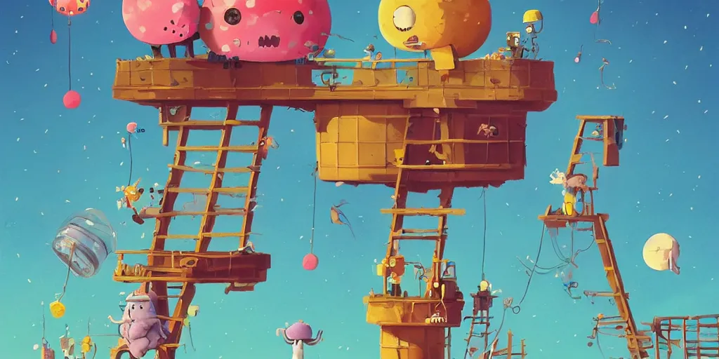 Prompt: cute cartoon monsters and jellyfish climbing ladders to the moon at night to watch fireworks by goro fujita and simon stalenhag and wes anderson and alex andreev and chiho aoshima and beeple and banksy and kandinsky and magritte and basquiat and picasso, 8 k, trending on artstation, hyper detailed, cinematic