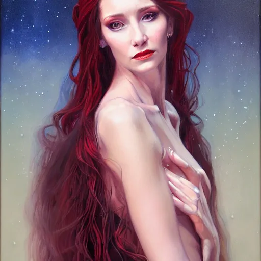 Image similar to portrait of a female wizard in flowing sensual dress, long flowing hair, delicate, looking at camera, slightly smiling, realistic face, stylish, elegant, extremely detailed painting inspired by Gerald Brom, studio lighting