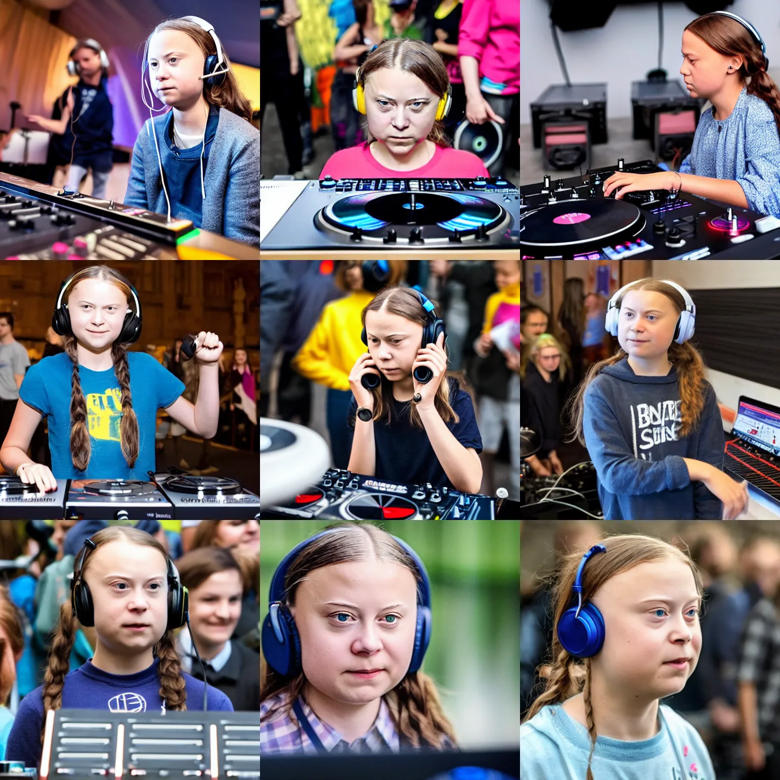 Prompt: greta thunberg wearing headphones, DJing with DJ turntables, photoreal