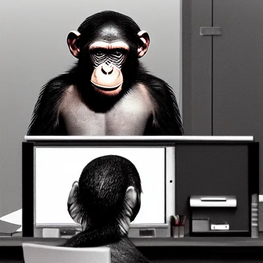 Image similar to chimp in an office job cubicle on computer, 9 0 s photograph