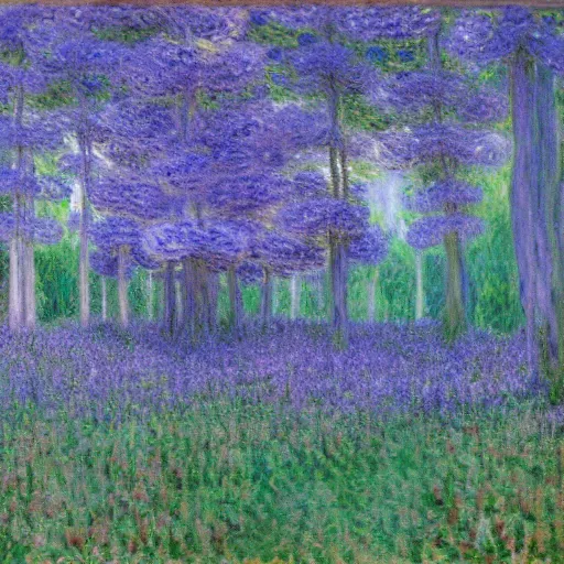 Image similar to mushroom forest, painted by monet, highly detailed, highly intricate, sense of scale, vast, mysterious, purple, smoke