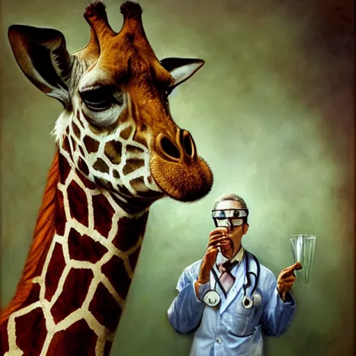 Prompt: portrait of a proud old giraffe doctor working in a chemical lab, artwork by gaston bussiere, craig mullins, trending on artstation, giraffe dressed as a scientist, using googles and wearing a doctor coat