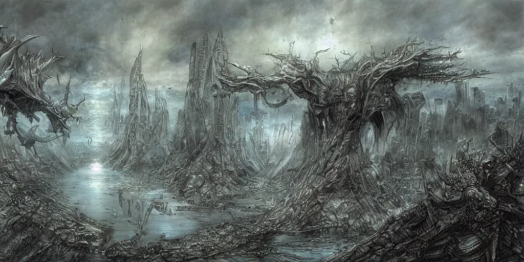 Image similar to the world collapsing on itself painted by luis royo