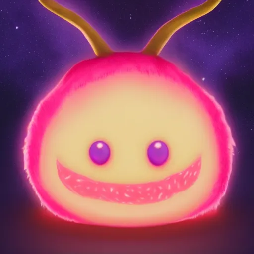 Image similar to an alien with a face that looks like a fuzzy peach the peach is fuzzy pink warm and ripe the alien has horns and a mean smile, 4k, highly detailed, high quality, amazing, high particle effects, glowing, majestic, soft lighting