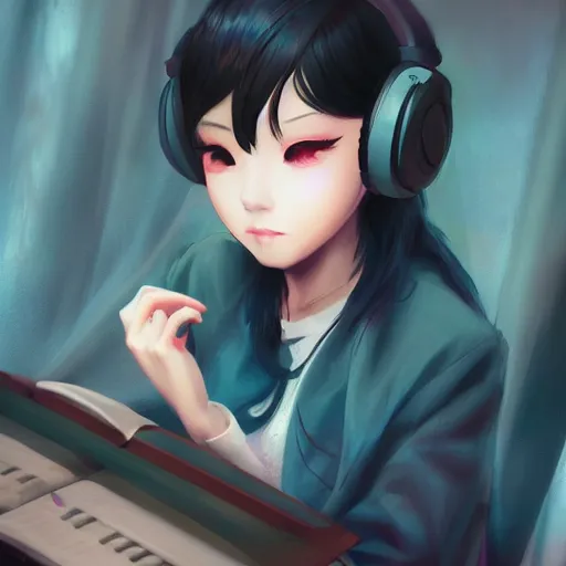 Image similar to lofi hiphop girl studying while listening to music by Wenqing Yan, WLOP, Zumidraws, OlchaS Logan cure liang Xing