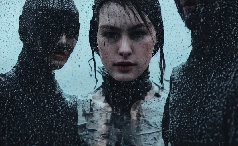 Prompt: cinestill 5 0 d candid photographic portrait by christopher nolan of two loving female androids wearing rugged black mesh techwear in treacherous waters, extreme closeup, modern cyberpunk moody emotional cinematic, pouring rain menacing lights shadows, 8 k, hd, high resolution, 3 5 mm, f / 3 2, ultra realistic faces, ex machina