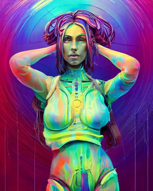 Image similar to colorful 3 / 4 body shot of a female hippie, set in the future 2 1 5 0 | highly detailed | very intricate | symmetrical | professional model | cinematic lighting | award - winning | painted by mandy jurgens and ross tran | pan futurism, dystopian, bold psychedelic colors, cyberpunk, groovy vibe, anime aesthestic | featured on artstation