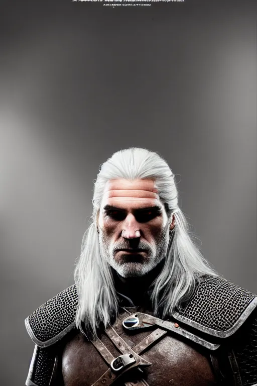 Image similar to portrait of geralt of rivia, 5 5 mm lens, professional photograph, times magazine, serious, stern look