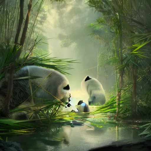 Prompt: world of pandas, bamboos, magical world, by greg rutkowski, sung choi, photo realistic, 8 k, cinematic lighting, hd, atmospheric, hyperdetailed, trending on artstation, devainart, digital painting, glow effect