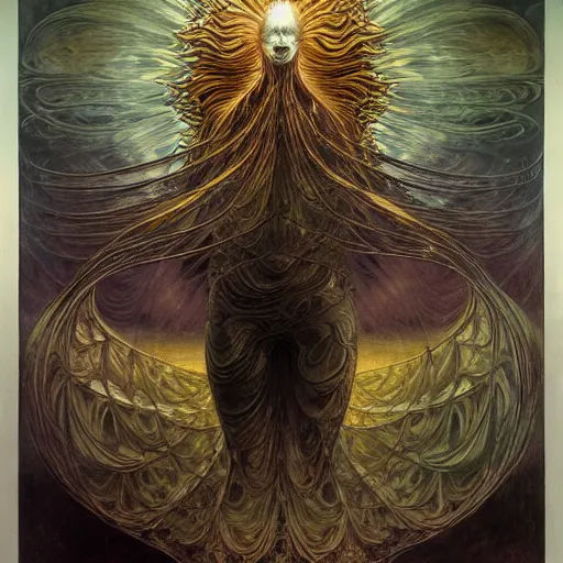 Prompt: astral traveller by zdzisław beksinski, iris van herpen, raymond swanland and alphonse mucha. highly detailed, hyper - real, beautiful