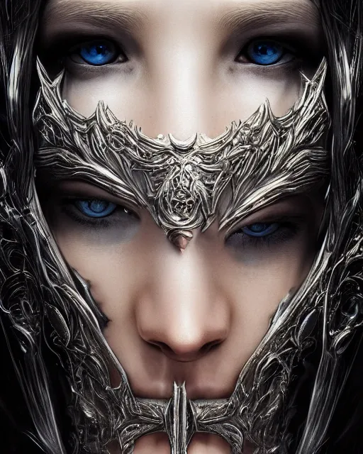 Image similar to highly detailed sharp photorealistic portrait of a beautiful female hunter with shimmering hair, symmetrical face and eyes, dressed in intricate silver, cgsociety, Elden Ring, Dark Souls, Bloodborne