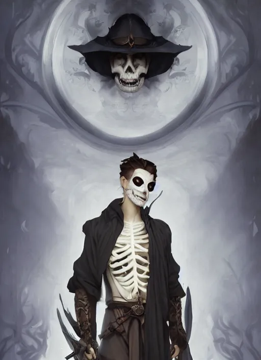 Image similar to character concept portrait of an attractive young smirking Spanish wizard with pale white skin and wearing parital skeleton mask while enchanting a dark seduction spell, a floating burning spell book in the center, intricate, elegant, digital painting, concept art, smooth, sharp focus, illustration, from Metal Gear, by Ruan Jia and Mandy Jurgens and William-Adolphe Bouguereau, Artgerm