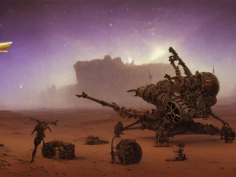 Image similar to an oil painting of an ancient dieselpunk spacecraft in the middle of an alien desert at dusk, aurora and stars light up the sky by beksinski carl spitzweg and tuomas korpi. baroque elements, full-length view. baroque element. intricate artwork by caravaggio. Trending on artstation. 8k