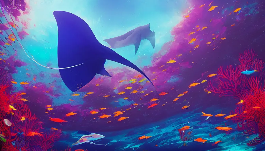 Prompt: a single manta ray swims above a colorful coral reef filled with fish, volumetric light, realism, in the style of alena aenami and andreas rocha and anato finnstark and charlie bowater