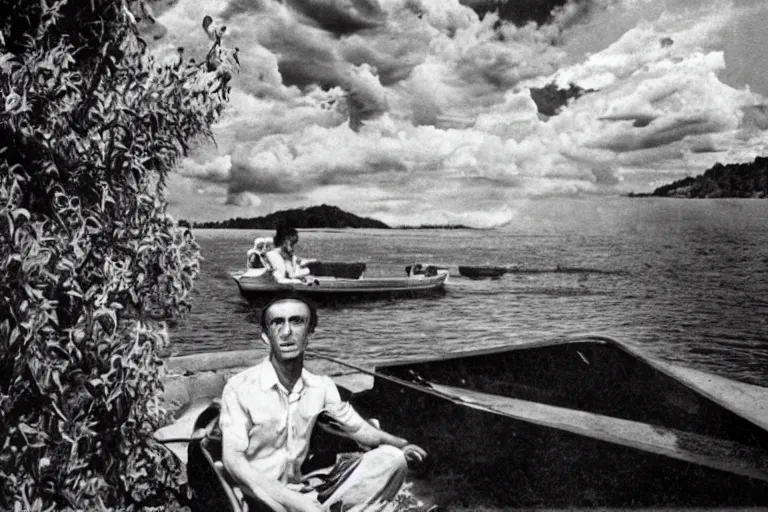 Prompt: surreal art of rod serling on a boat, on a river, with tangerine trees and marmalade skies