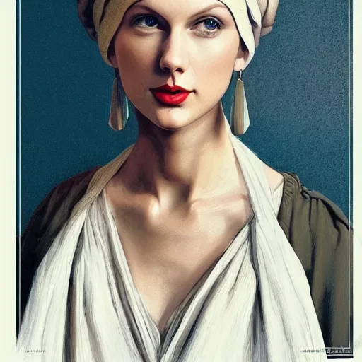 Image similar to Taylor Swift as the girl with the pearl earring, highly detailed, digital painting, artstation, concept art, smooth, sharp focus, illustration, ArtStation, art by artgerm and greg rutkowski and alphonse mucha and J. C. Leyendecker and Edmund Blair Leighton and Katsuhiro Otomo and Geof Darrow and Phil hale and Ashley wood and Ilya repin and Charlie Bowater