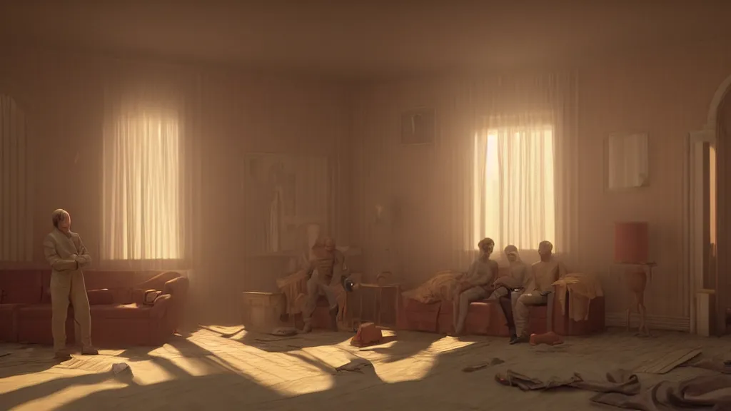 Image similar to colour comedy - sitcom scene from duna ( 2 0 2 1 ) by denis villeneuve and gregory crewdson style with hyperrealistic highly detailed faces. many details by andrei tarkovsky and caravaggio in sci - fi style. volumetric natural light rendered in blender and octane render