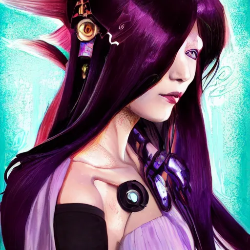 Image similar to a beautiful portrait of hatsune miku with long black and deep red colored hair and one purple colored cyberpunk eye, dressed a netrunner from shadowrun, intricate, elegant, highly detailed, digital painting, artstation, concept art, matte, sharp focus, illustration, art by greg rutkowski and alphonse mucha