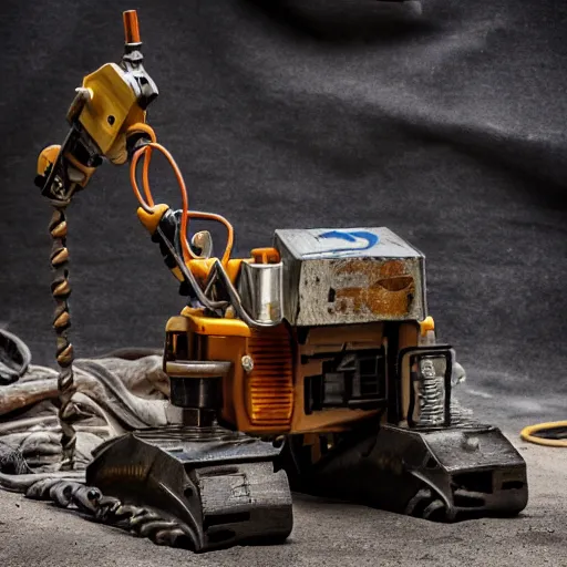 Image similar to giant scary treaded mining robot with drill, mining scrap metal, highly detailed body, retro, industrial, dark, dystopian, apocalyptic, clean, 8 5 mm f / 1. 4