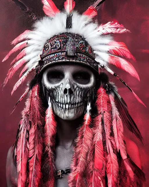 Image similar to the ghost - spirit of the grim - warpaint wears the scarlet skull armor and native blood headdress feathers, midnight fog - mist!, dark oil painting colors, realism, cinematic lighting, various refining methods, micro macro autofocus, ultra definition, award winning photo