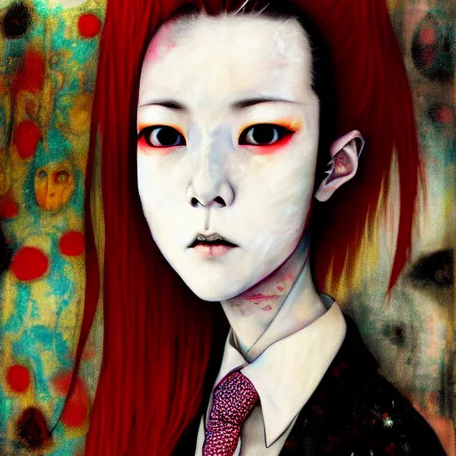 Image similar to yoshitaka amano blurred and dreamy realistic three quarter angle horror portrait of a sinister young woman with short hair, and red eyes wearing a lot of jewellery and office suit with tie, junji ito abstract patterns in the background, satoshi kon anime, noisy film grain effect, highly detailed, renaissance oil painting, weird portrait angle, blurred lost edges