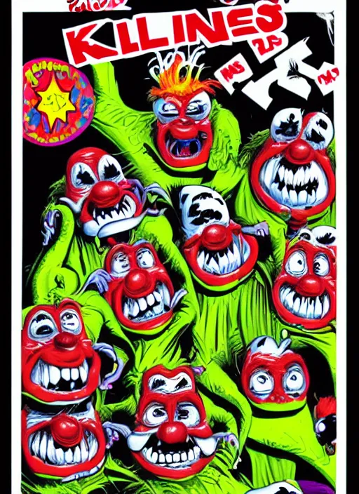 Image similar to illustration of Killer Klowns from outer space by Ed Roth, rat fink style, detailed