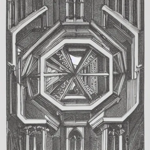 Image similar to escher print of impossible cathedral