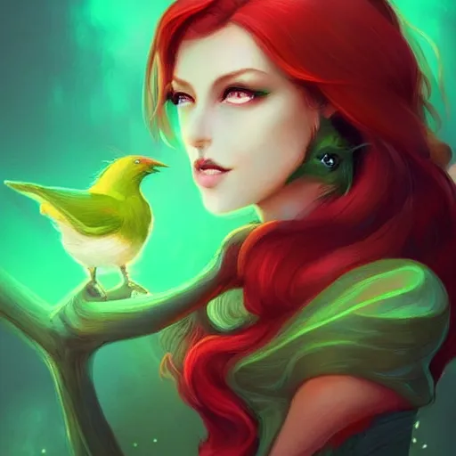 Image similar to a beautiful stunning fantasy whimsical matte digital portrait illustration of a pretty womam with bright green eyes and fiery red hair with a green bird on her shoulder, in the style of Ross Tran, trending on artstation, contest winner