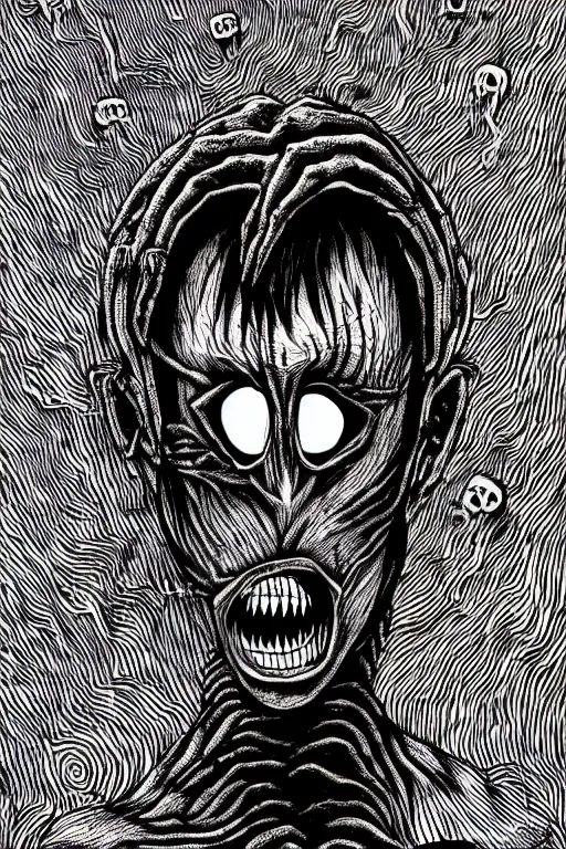 Image similar to scary man without face, nightmare, style of junji ito, highly detailed, 8k, color ink drawing, thin clear line comics vector art, quill pen 1 px, background by hr giger