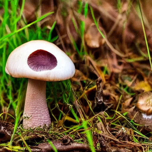 Image similar to macro photo with a mushroom character with cute eyes, very close to real nature, natural colors and natural surroundings, painted patterns and coloring on mushrooms, 8K, highly detailed