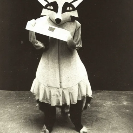 Prompt: anthropomorphic fox in a theatre play, 1920s photograph