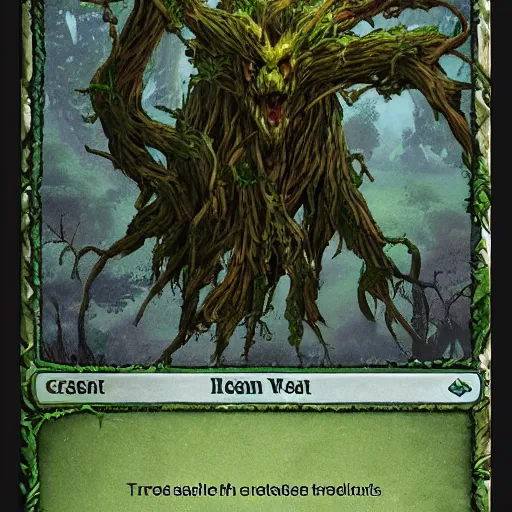 Image similar to green old treant, treant made of leaves and roots, old tree, old humanoid ents, epic fantasy style, green theme, forest background, hearthstone artwork