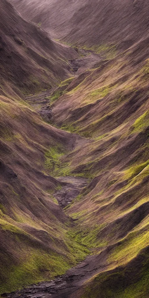 Image similar to dream looking through a hyper realistic photograph of a fertile lush canyon, minimal structure, misty, raining, icelandic valley, small stream, in the style of reuben wu, roger deakins