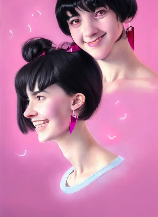 Image similar to portrait of high school girl, realistic, black hair, bangs, half updo hairstyle, pointy nose, skinny, smile, ugly, defined jawline, big chin, pink hair bow, earrings, intricate, elegant, glowing lights, highly detailed, digital painting, artstation, sharp focus, illustration, art by wlop, mars ravelo and greg rutkowski