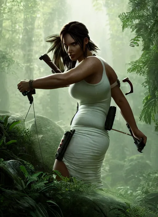 Prompt: thicc lara croft in a white flowing dress as a fantasy priestess surrounded by lush forest, atmospheric lighting, intricate detail, cgsociety, hyperrealistic, octane render, RPG portrait, ambient light, dynamic lighting