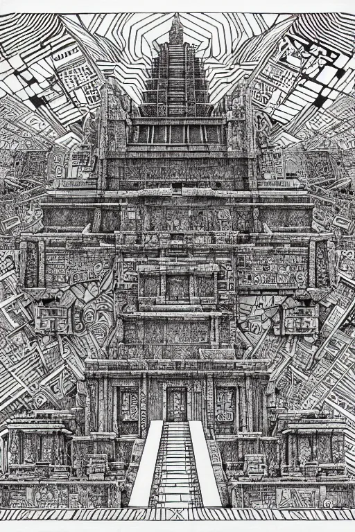 Image similar to a black and white drawing of an ancient temple, a detailed mixed media collage by hiroki tsukuda and eduardo paolozzi and moebius, intricate linework, sketchbook psychedelic doodle comic drawing, geometric, street art, polycount, deconstructivism, matte drawing, academic art, constructivism