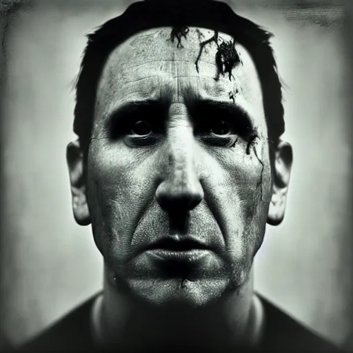 Image similar to portrait of trent reznor with long hair as a zombie by lee jeffries and michael hussar, horror, grotesque, award winning, sony a 7 r, trending on artstation