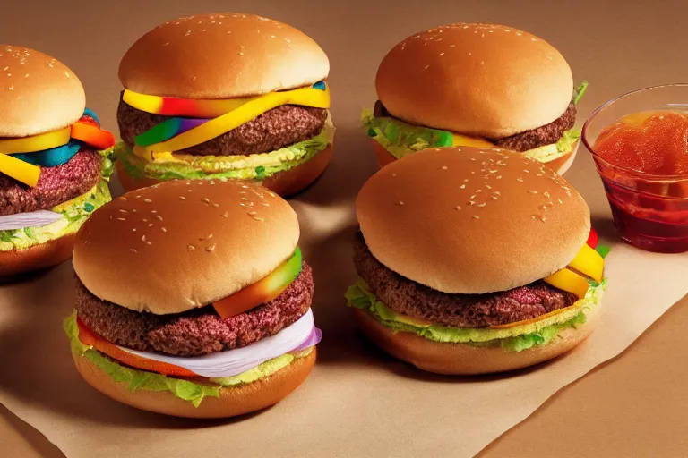 Prompt: mcdonalds rainbow hamburgers, commercial photograph taken on table
