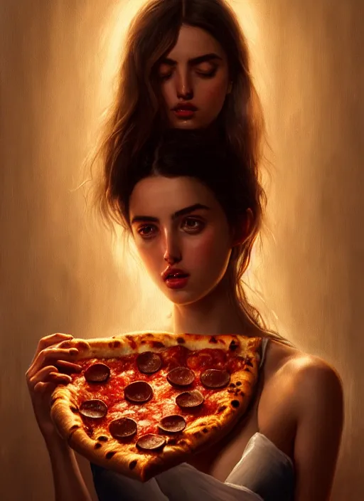 Prompt: portrait of ana de armas eating pizza, intricate, elegant, glowing lights, highly detailed, digital painting, artstation, concept art, smooth, sharp focus, illustration, art by wlop, mars ravelo and greg rutkowski