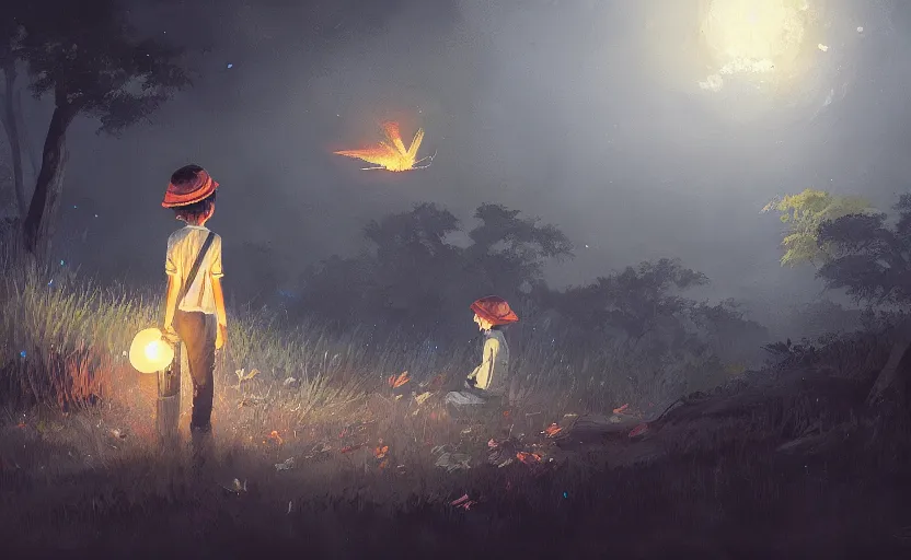 Image similar to a painting of the grave of the fireflies trending on artstation in the style of greg rutkowski