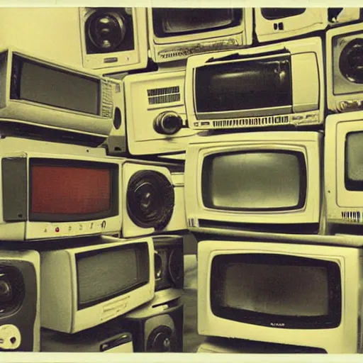 Prompt: array of crt televisions, tv static, antenna, stacked, polaroid, steroids, adult video store, van gogh